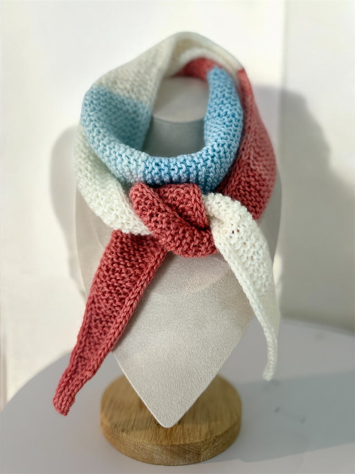 Sophie scarf in red blue and white tricolour | hand knit neckechief | winter wrap | small skinny scaf | handmade gift | tiktok viral scarf