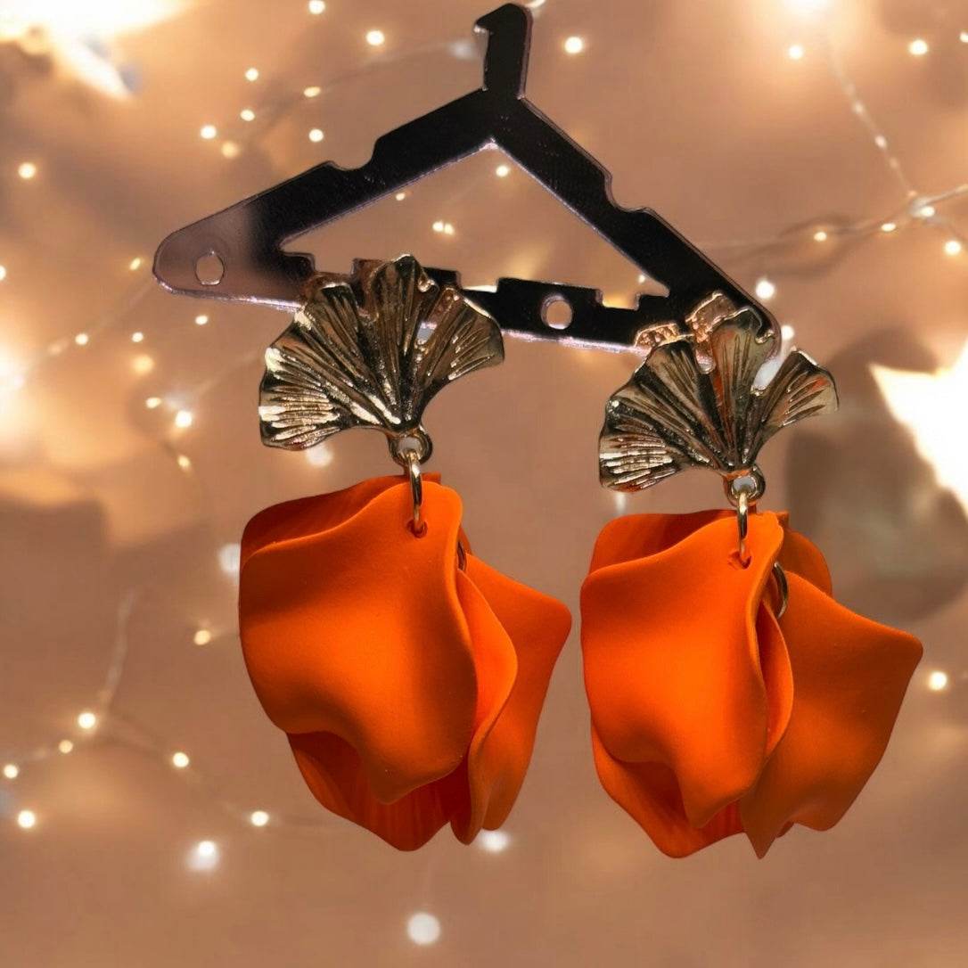 Orange - flower earrings | dangle petals statement earrings | unique golden ginkgo floral earrings | bridal party wedding earrings - TuttyKnitty
