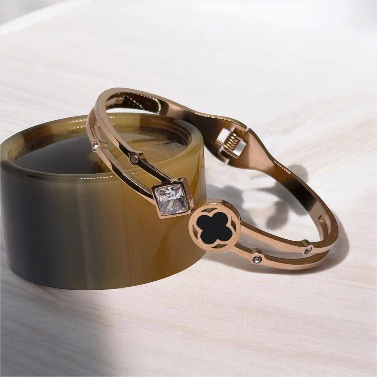 Rose Gold bangle with clover patterns | rhinestones embossed