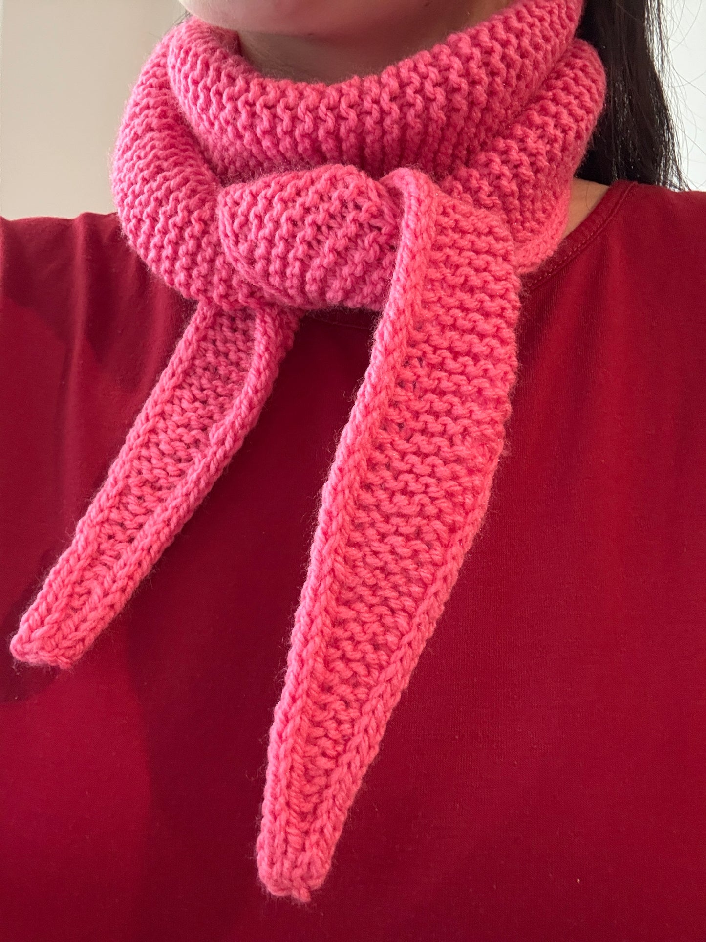Sophie scarf rose pink| hand knit neckechief | winter wrap | small skinny scaf | handmade gift | tiktok viral scarf