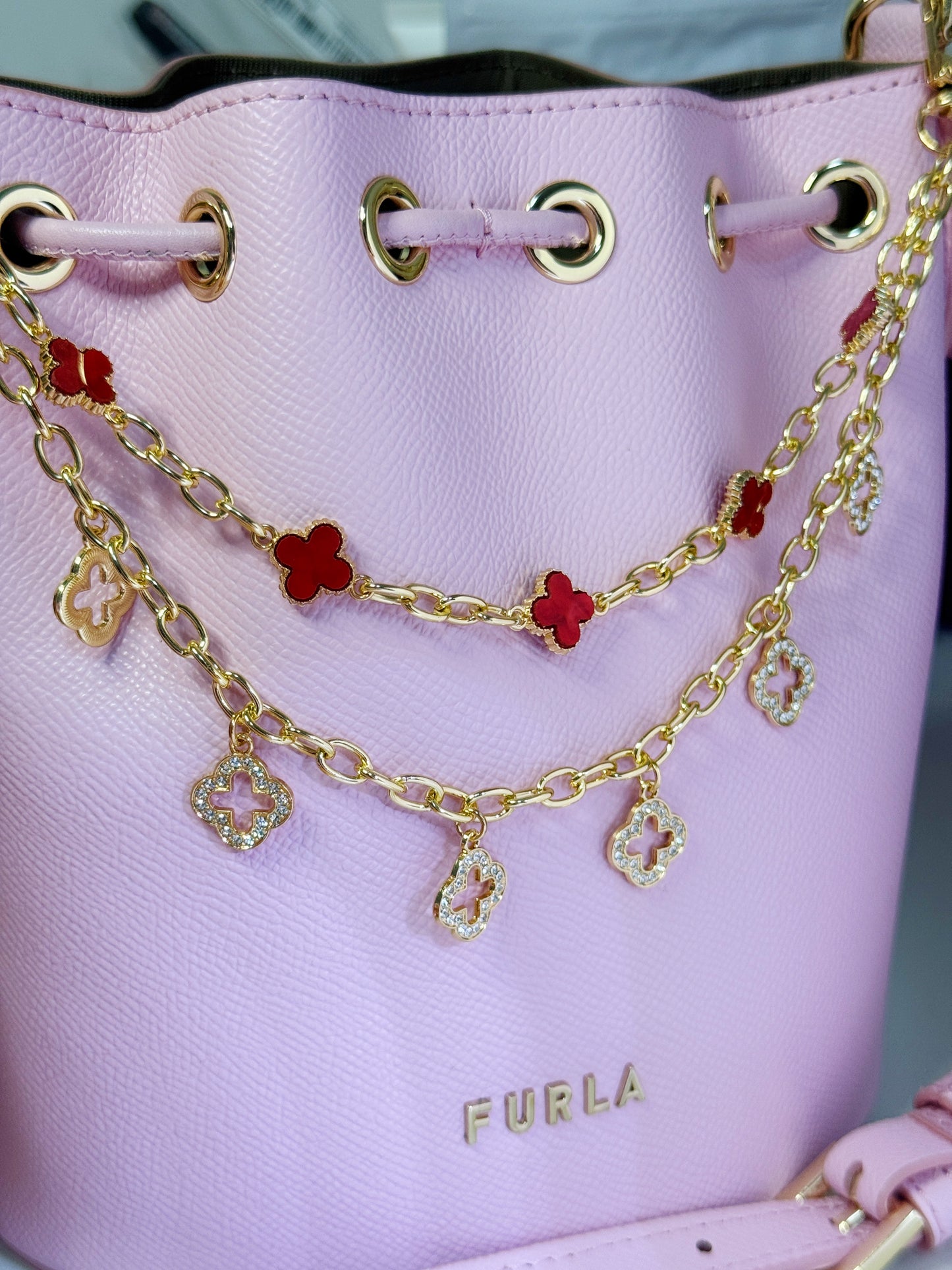 Clover double layers bag charm | key chain | golden chain with gold buckle | y2k chain | bag lover gift