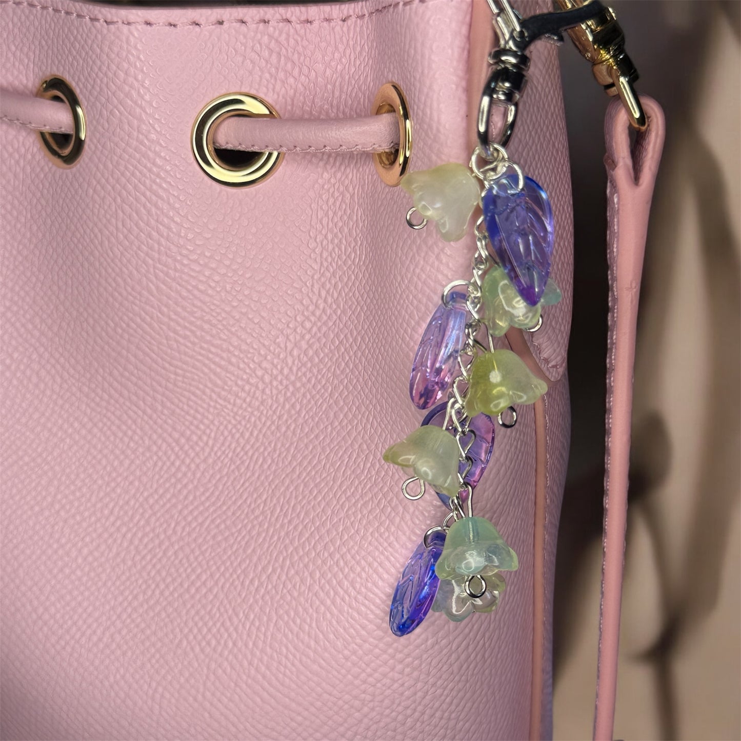 Beaded glass flowers bag charm | key chain | silver heart chain with flowers and leaf