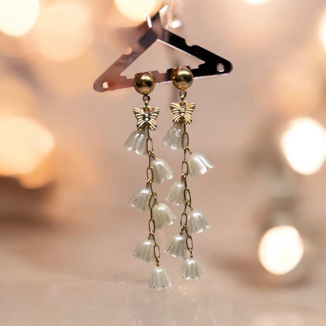 Whimsical - Lily of the valley flowers dangle earrings | texture petals embossed pearl | minimalist earrings | matte pastel colour floral earrings - TuttyKnitty