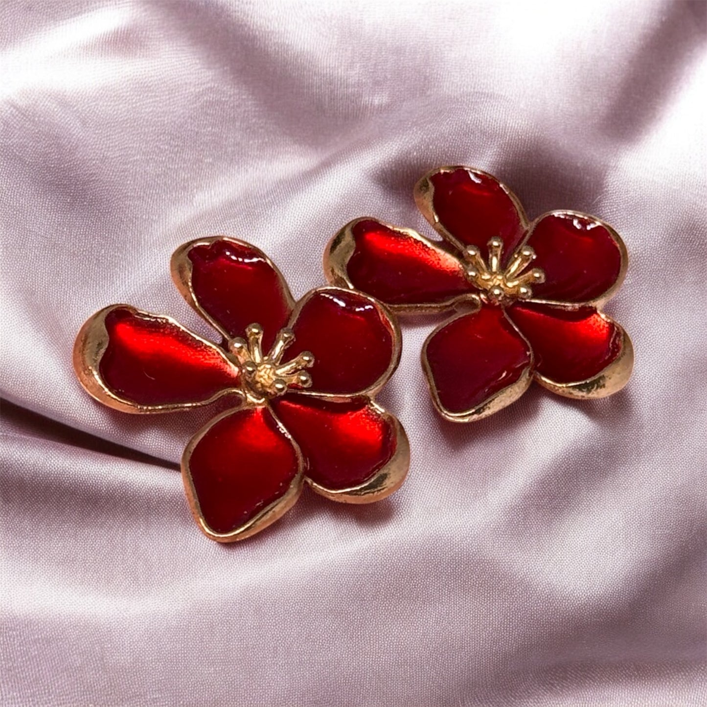 Floral - Blossom red Flower Gold statement earrings | modern stud earrings | floral geometric earrings | Korean earrings