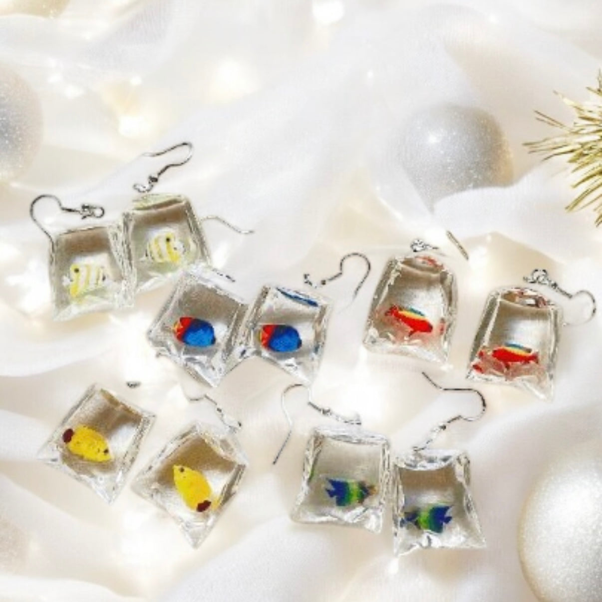 Y2K - Aquarium fish in bag | a bag of Colourful fish dangle earrings | oriental style minimalist earrings |quirky earring | korean style kawaii
