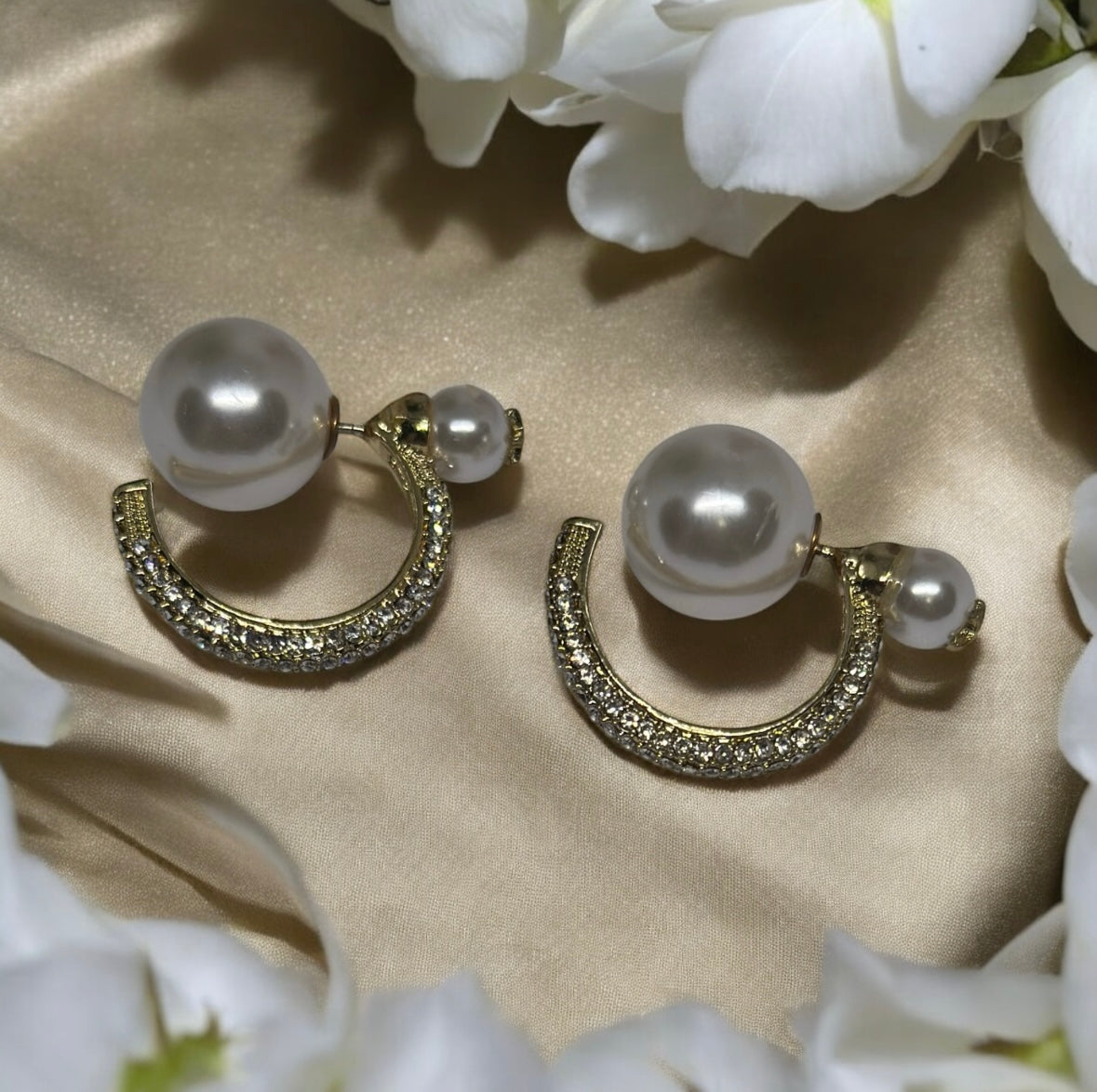 Pearl - Large pearl stud earrings with golden hoop and rhinestone | tassel chains drop earrings | modern retro earrings | Korean style earrings