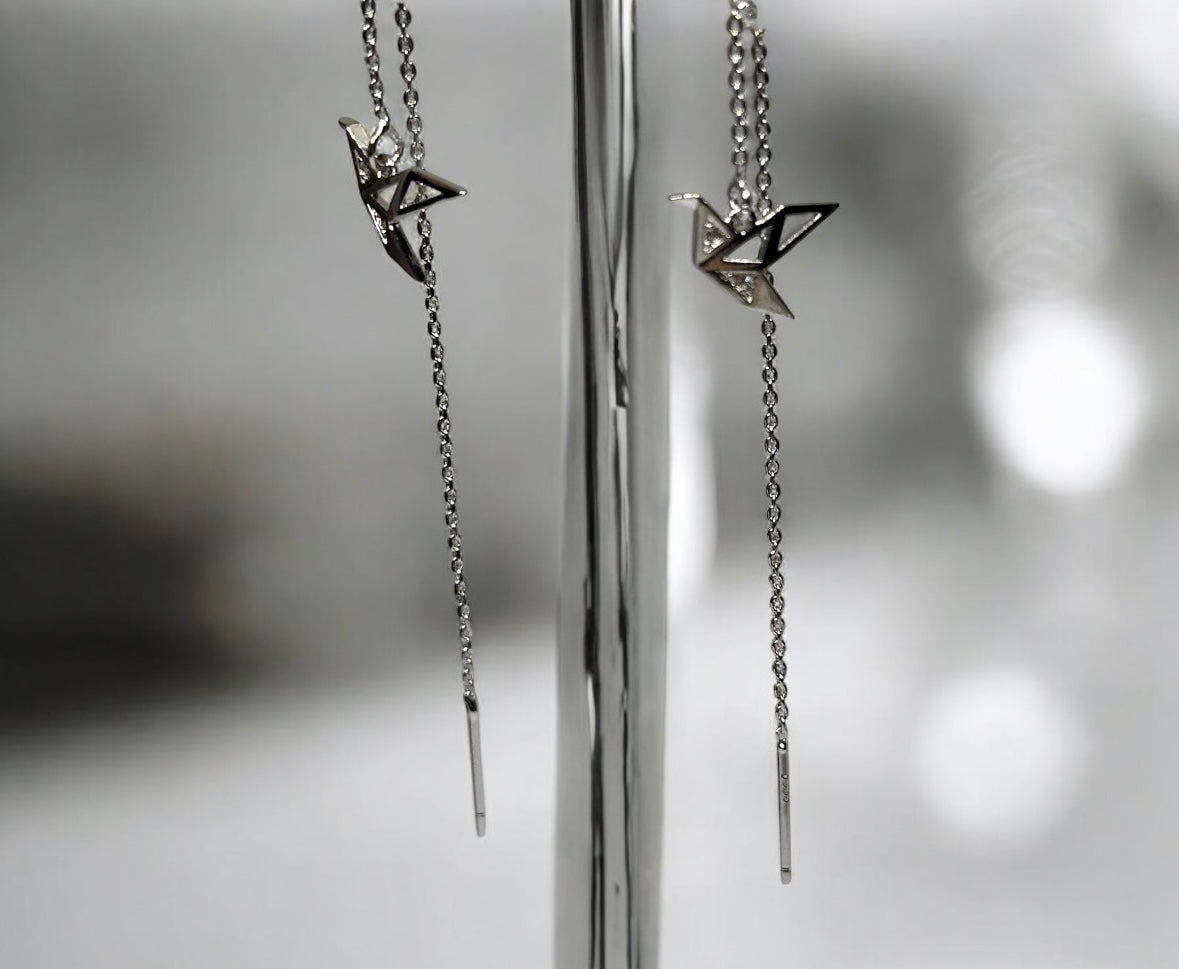 Minimalist - Silver or Rose gold crane dangle threader earrings | chain dangle earrings | minimalist elegant statement earrings | cute kawaii earrings