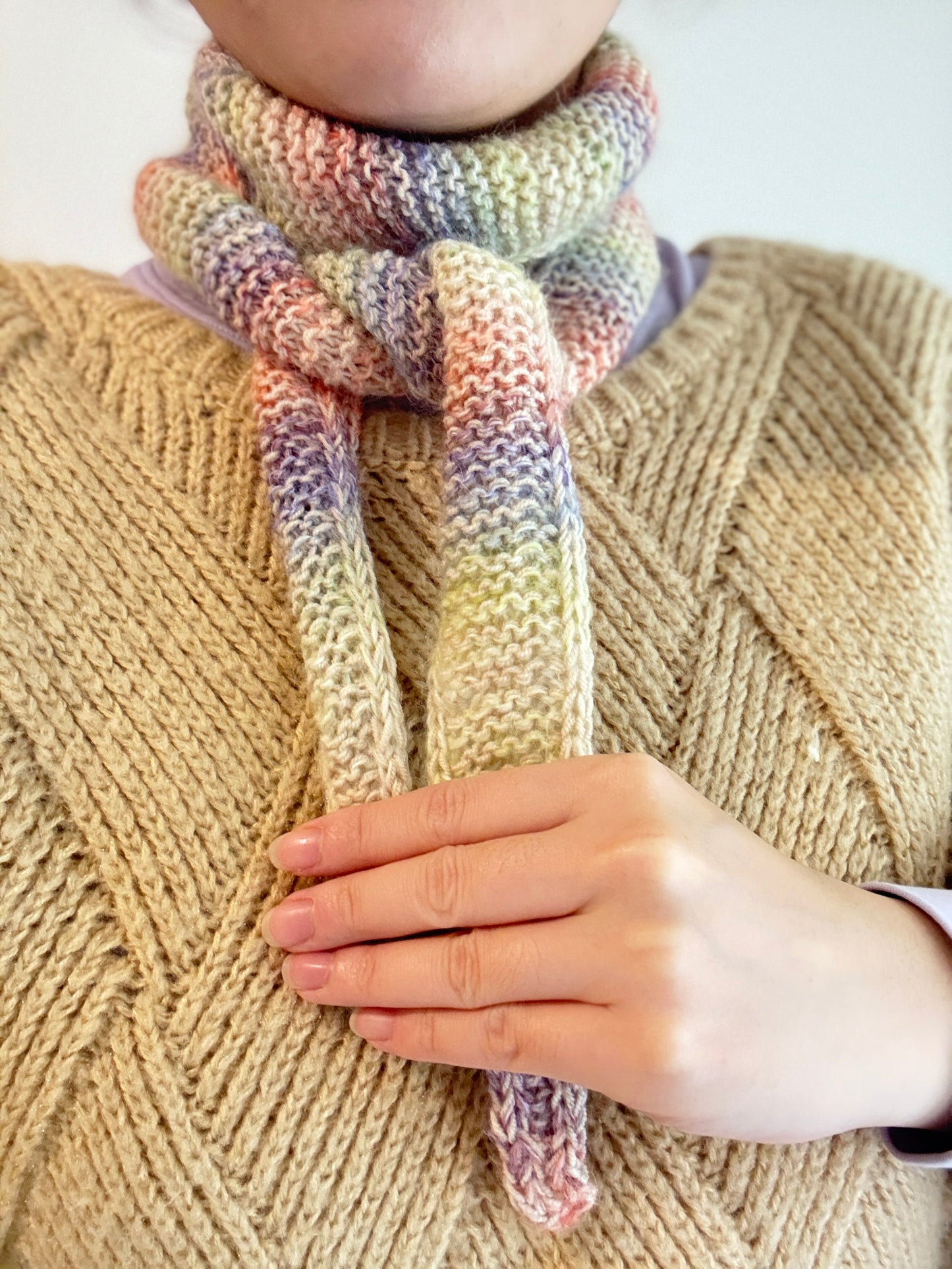Sophie scarf in pastel mix | hand knit neckechief | winter wrap | small skinny scaf | handmade gift | tiktok viral scarf