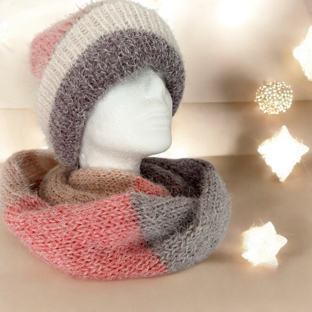 Handmade Double layered hand Knit beanie and circular scarf set | Winter Knit Hat foldable | matching scarf | soft and cozy (pink)