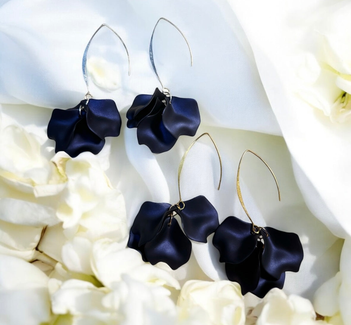 Blue - Navy blue flowers earrings dangly earrings | frosted petals hoop statement earrings | golden disc geometric floral earrings