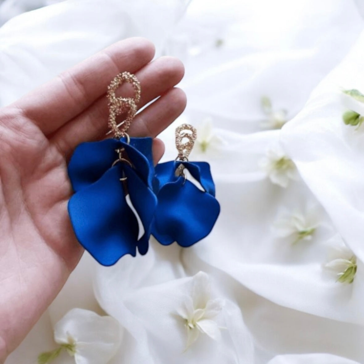 Blue - Dark blue flower earrings | dangle petals baroque earrings | unique gold geometric floral earrings | bridal party wedding earrings - TuttyKnitty