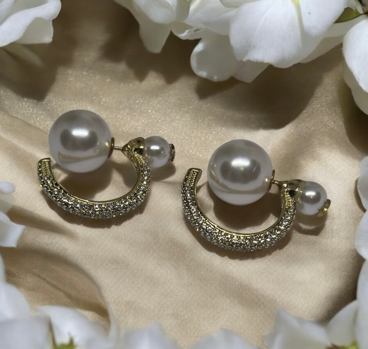Pearl - Large pearl stud earrings with golden hoop and rhinestone | tassel chains drop earrings | modern retro earrings | Korean style earrings