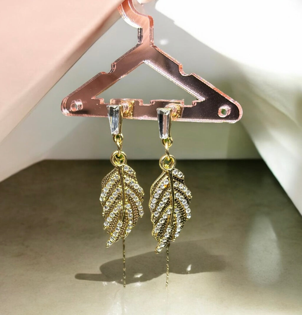 Floral - Golden leaf earrings with glitter rhinestones | gold chain earrings | elegant statement earrings | bridal party earrings
