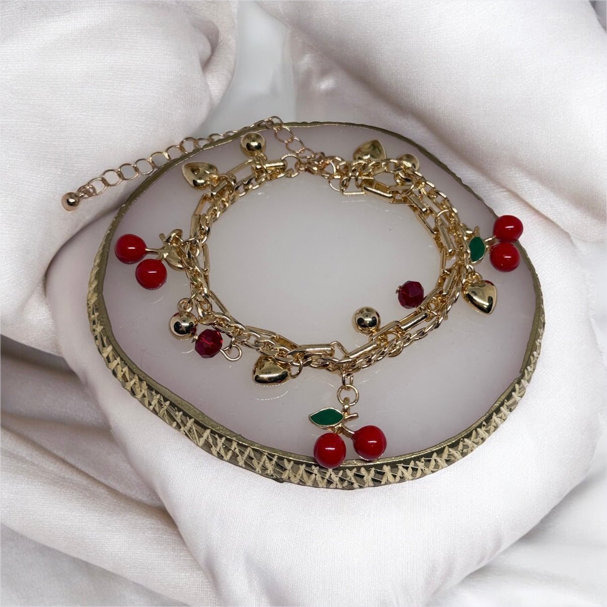 Golden chain bracelets with cherry and heart beads