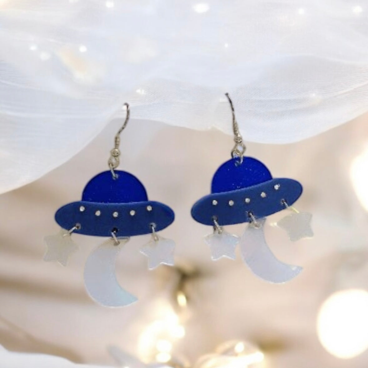 Quirky - Blue planet earrings | spaceship ufo earrings | colourful clear iridescent dangle earrings | halgoram fun earrings