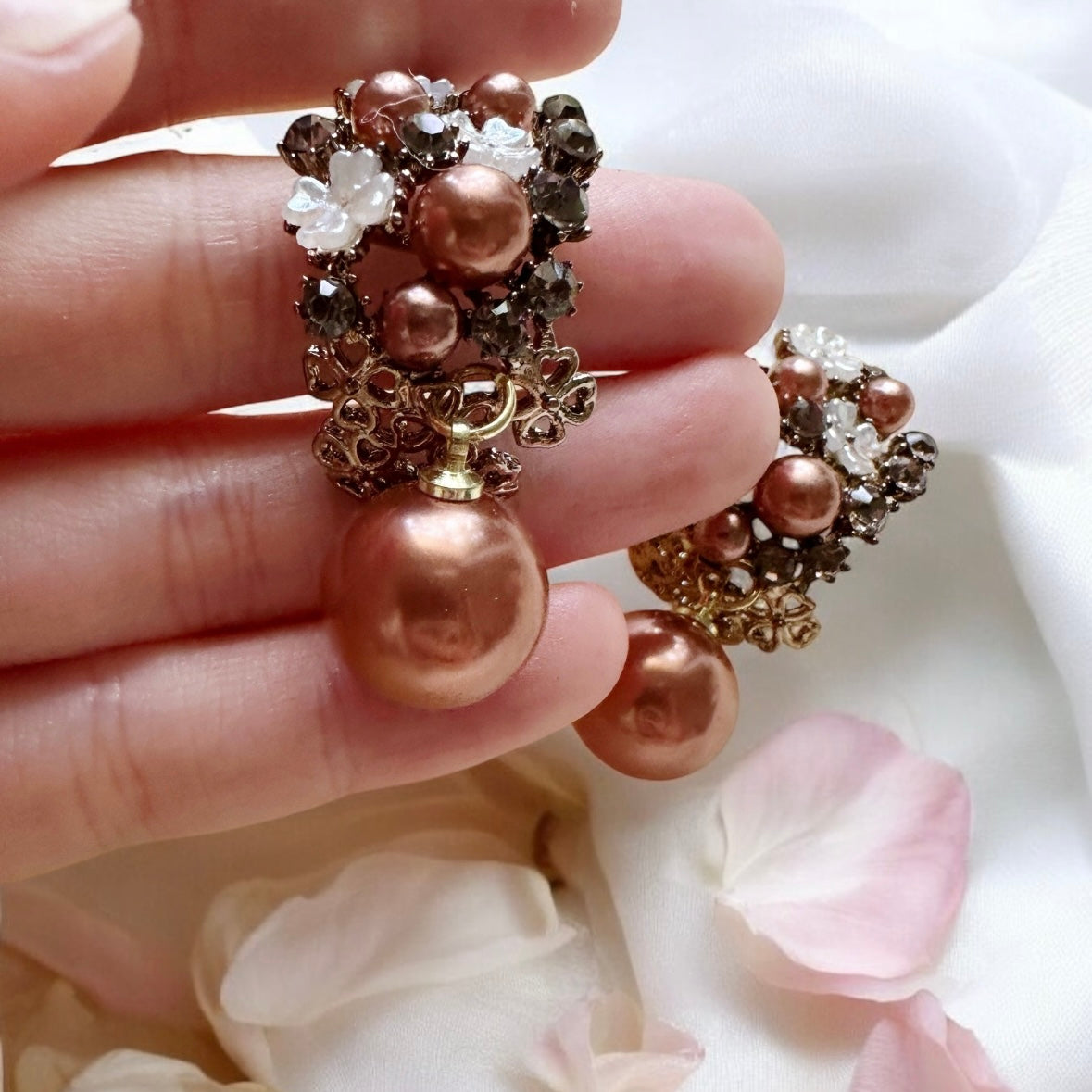 Brown - Copper brown glitter flower earrings | iridescent floral pearl imitation pearl drop earrings | bridal party earrings - TuttyKnitty