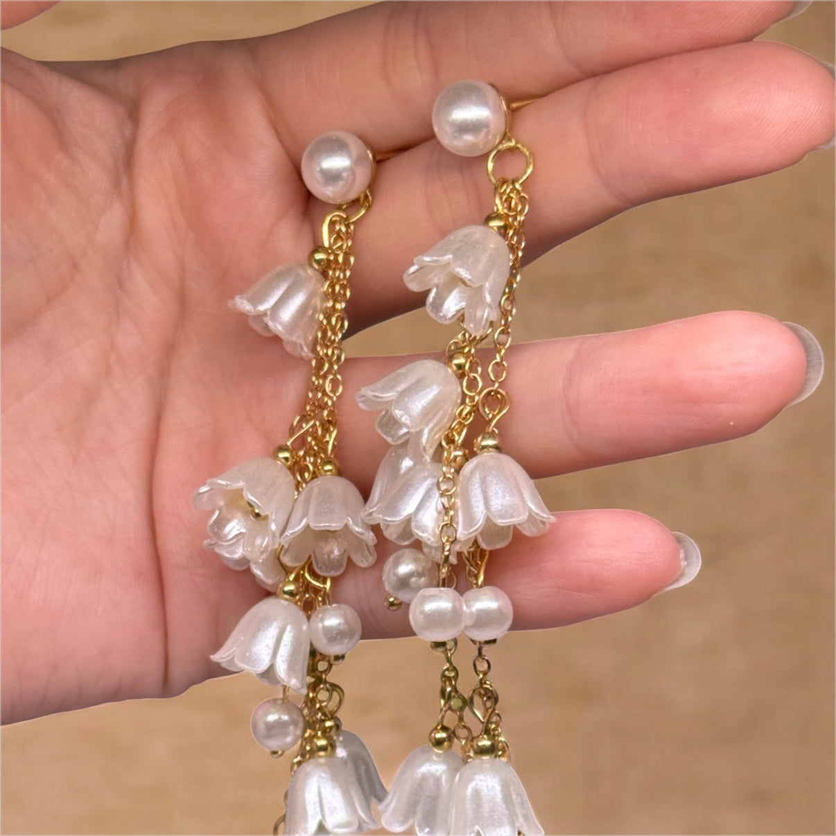Whimsical - Lily of the valley flowers dangle earrings | minimalist earrings | pearl beads