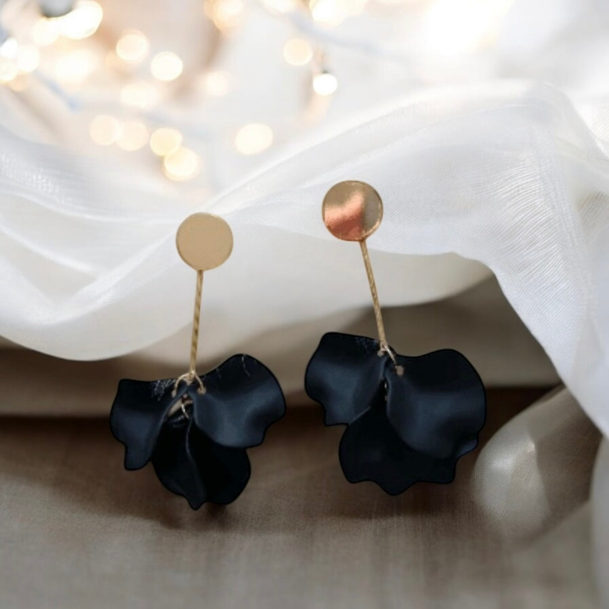 Black - flowers earrings | frosted petals hoop earrings | statement earrings | golden crumpled geometric floral bridal earrings - TuttyKnitty
