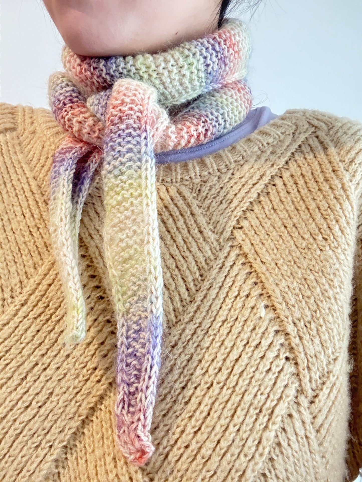 Sophie scarf in pastel mix | hand knit neckechief | winter wrap | small skinny scaf | handmade gift | tiktok viral scarf