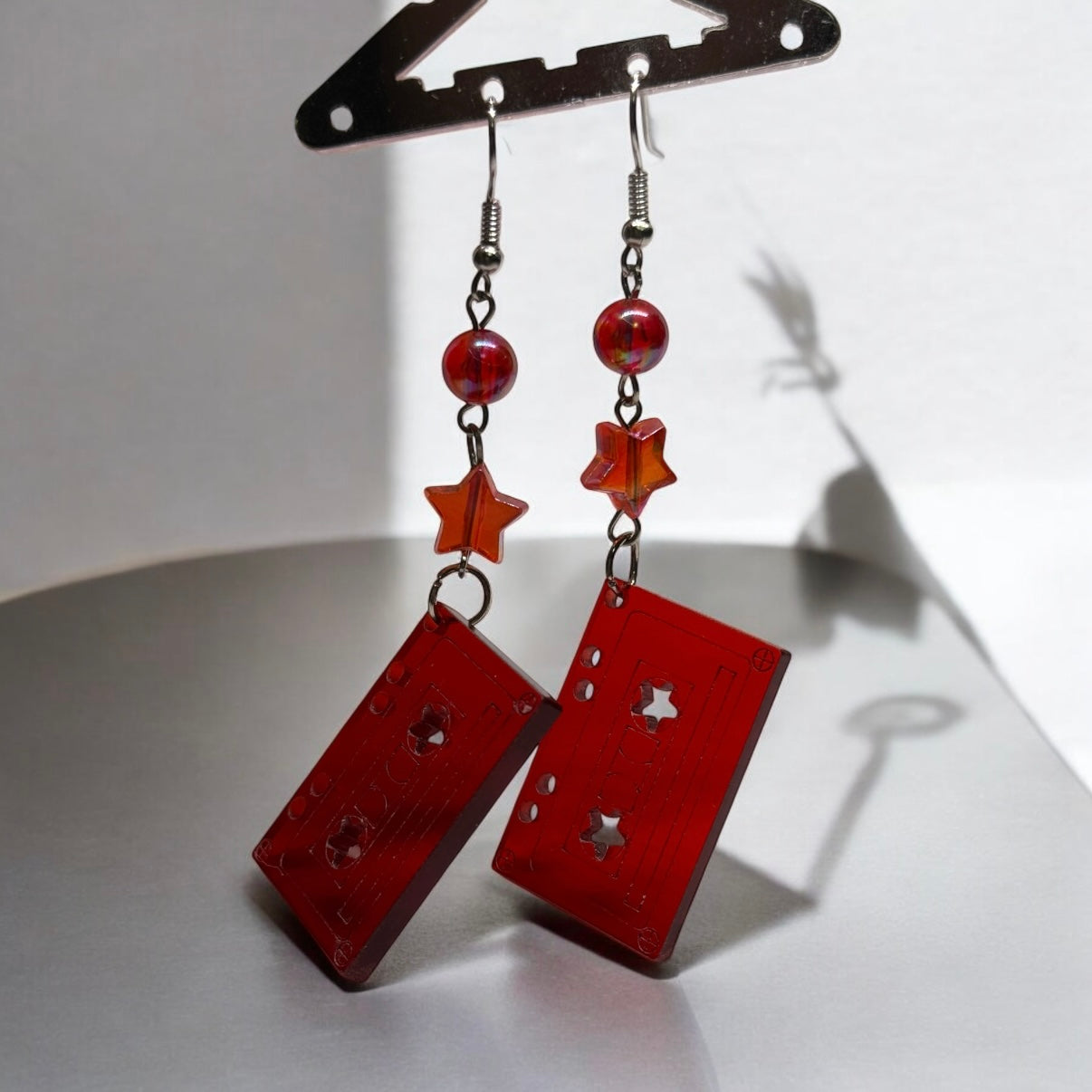 Y2K - Red cassette | glitter earrings | funky pop art earrings | acrylic art oversize earrings | quirky fun