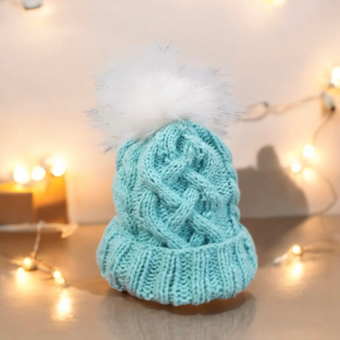 Hand knit Cable knit beanie with White fur pom pom - Mint colour beanie - Fur Pom Pom Hat - Knit beanie - Winter Hat
