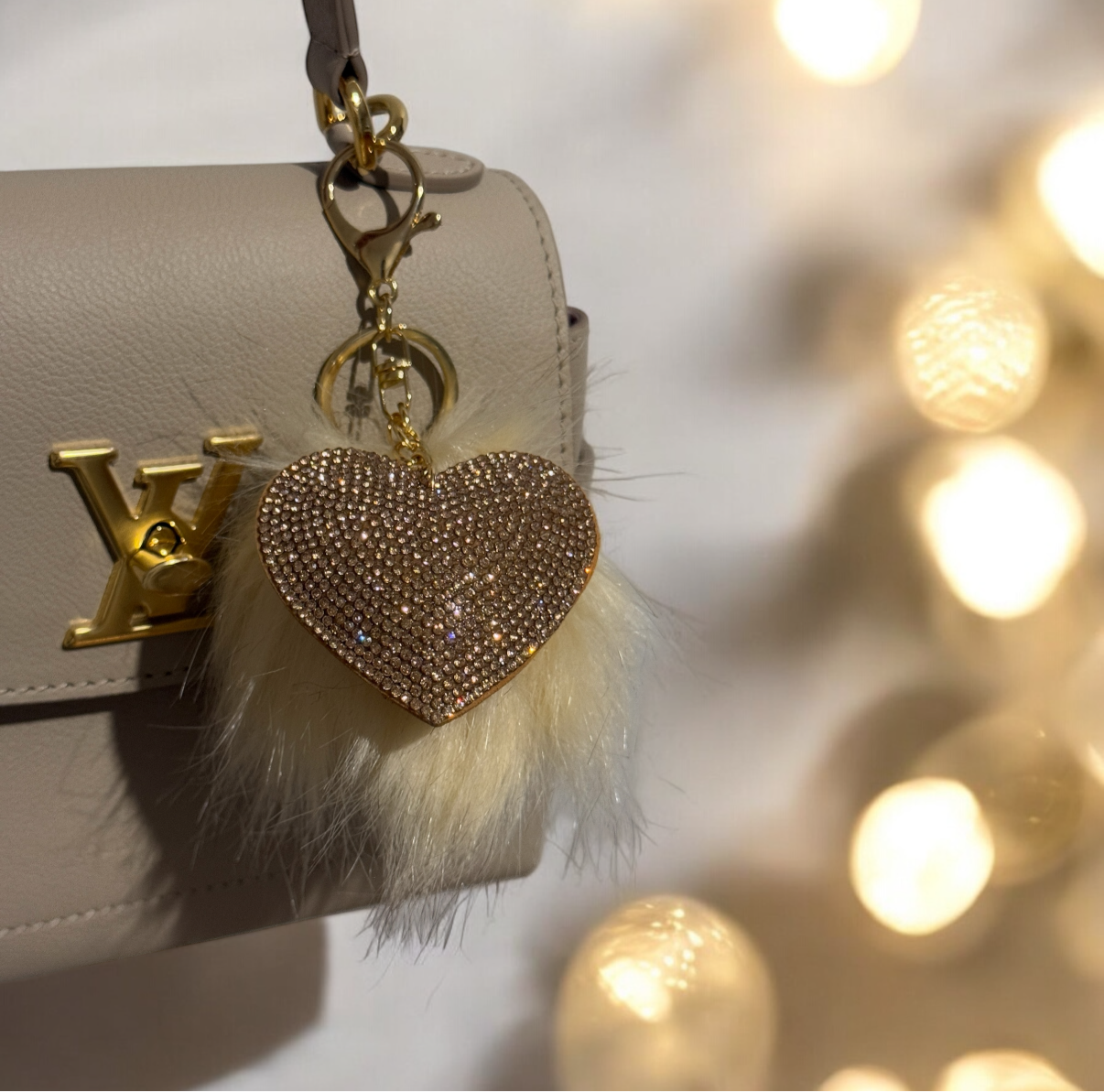 Glitter beige heart keychain | faux fur pompom | bag charm | lux trendy bag charm