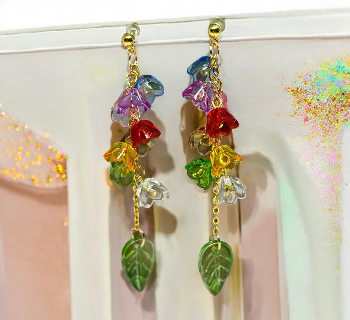 Whimsical - Rainbow flower earrings | golden leaf mini flower earrings | elegant floral dangle chain earrings