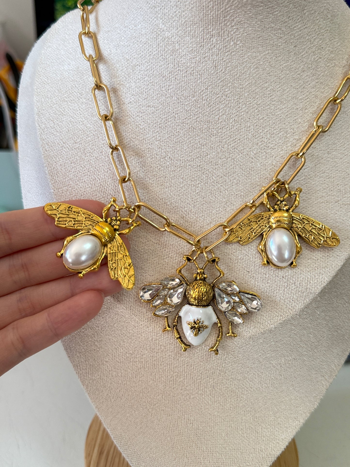 Vintage style Gold and white bee charm necklace
