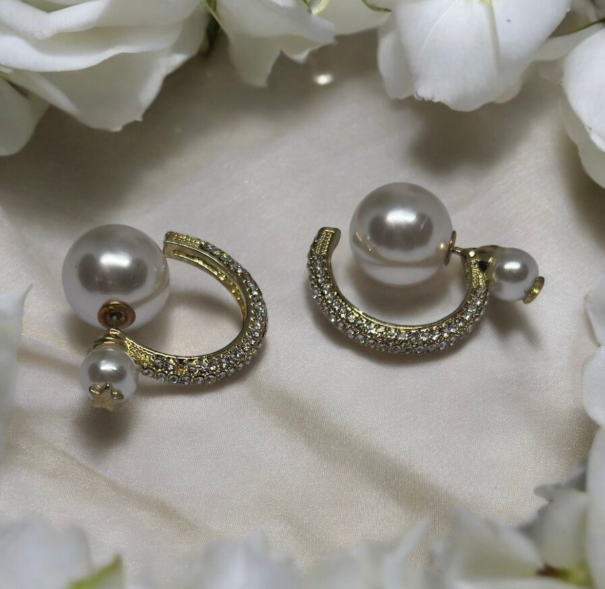 Pearl - Large pearl stud earrings with golden hoop and rhinestone | tassel chains drop earrings | modern retro earrings | Korean style earrings