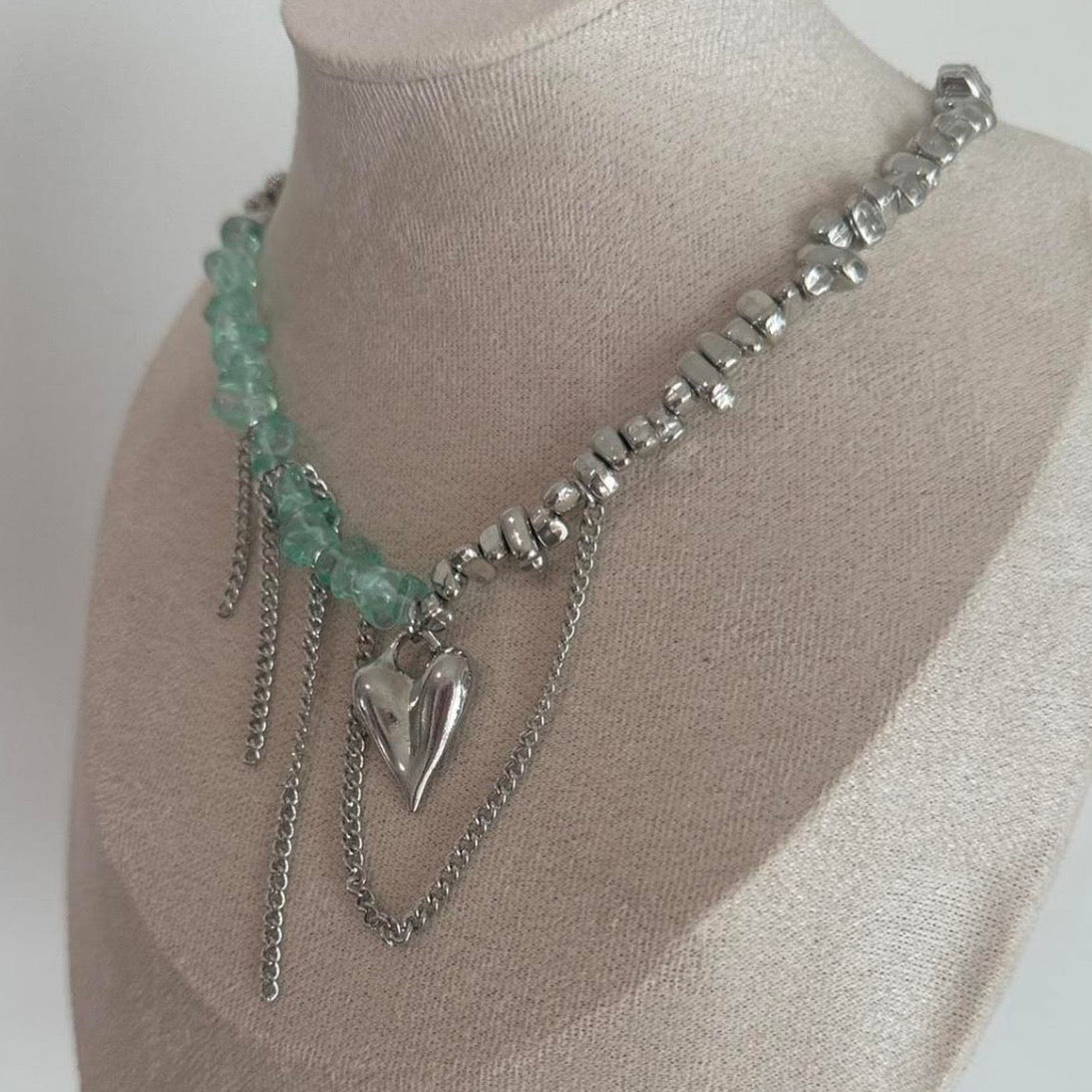 Green and silver heart asymmetrical statement necklace - TuttyKnitty