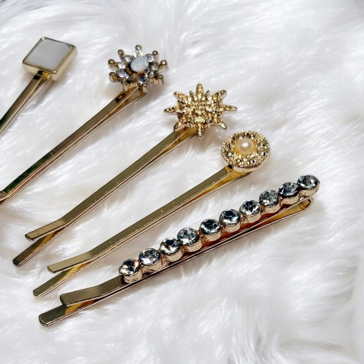 5 pack Golden hair pins with rhinestones and resin stones | floral bobby pins | korean hair accessories | vintage hair slides