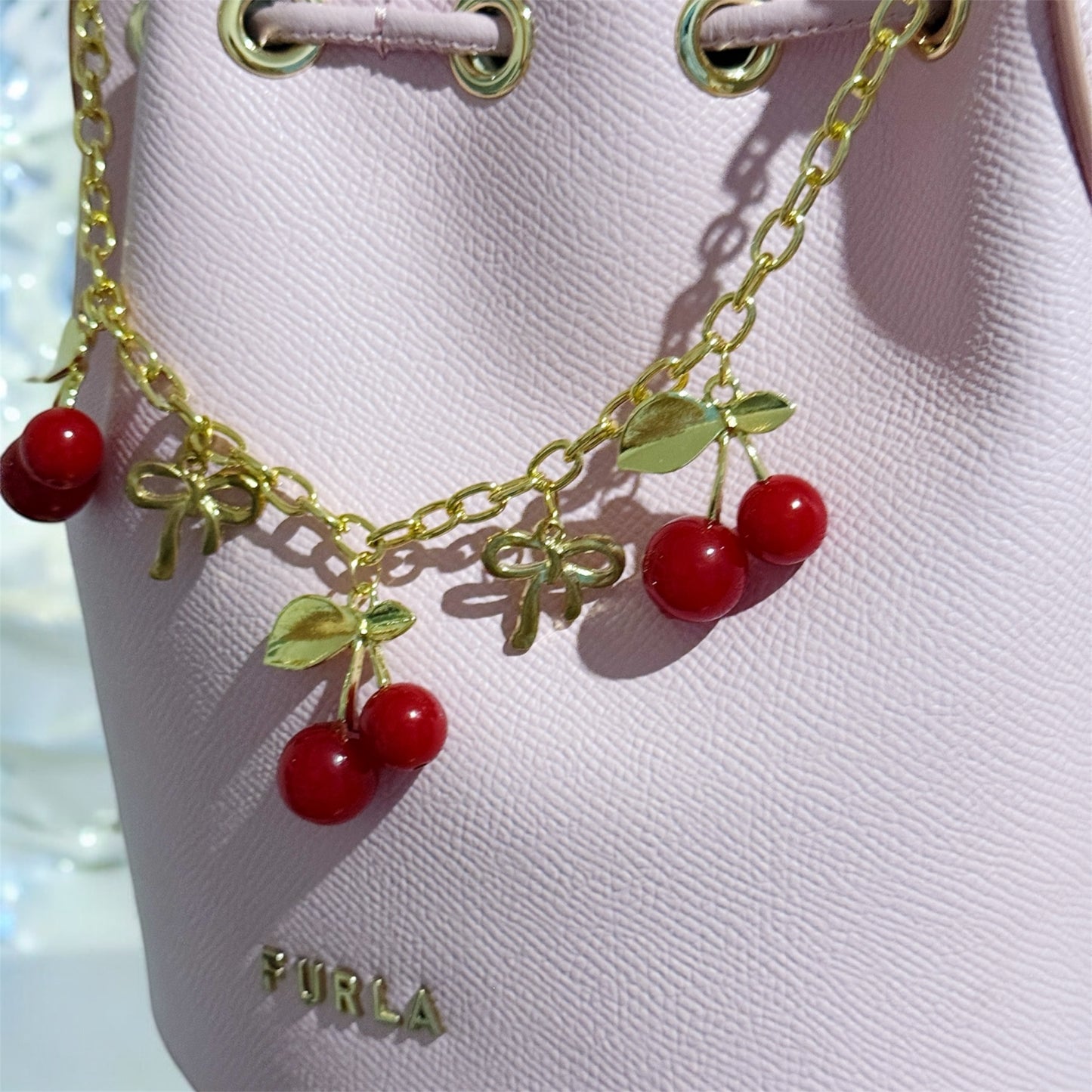 Red Cherry bag charm | key chain | golden chain with golden buckle | y2k chain | bag lover gift