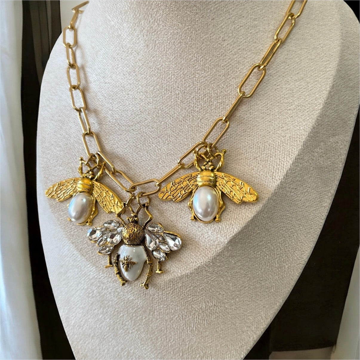 Vintage style Gold and white bee charm necklace