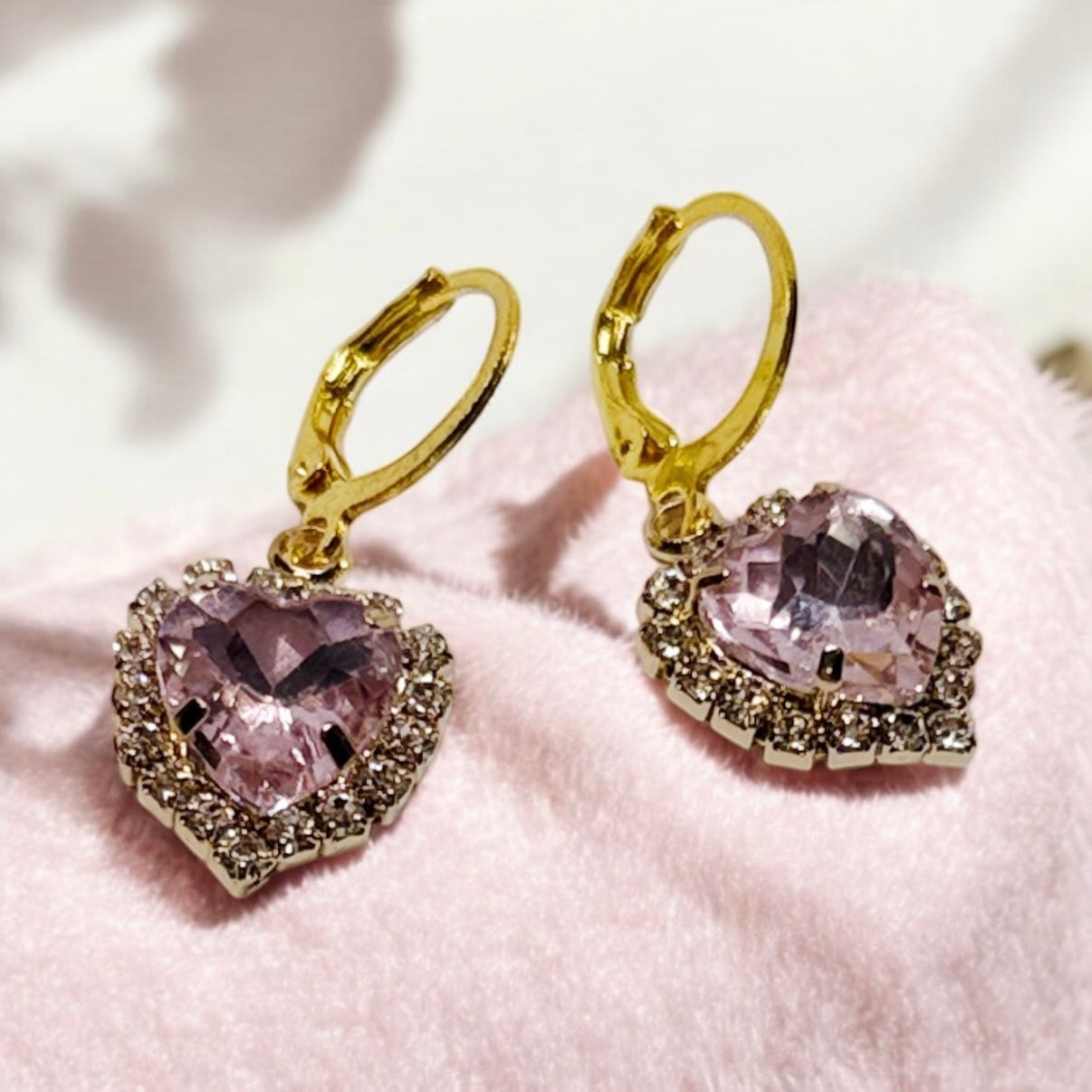 Minimalist - Pink rhinestones heart huggie | glittering diamante mini huggie earrings