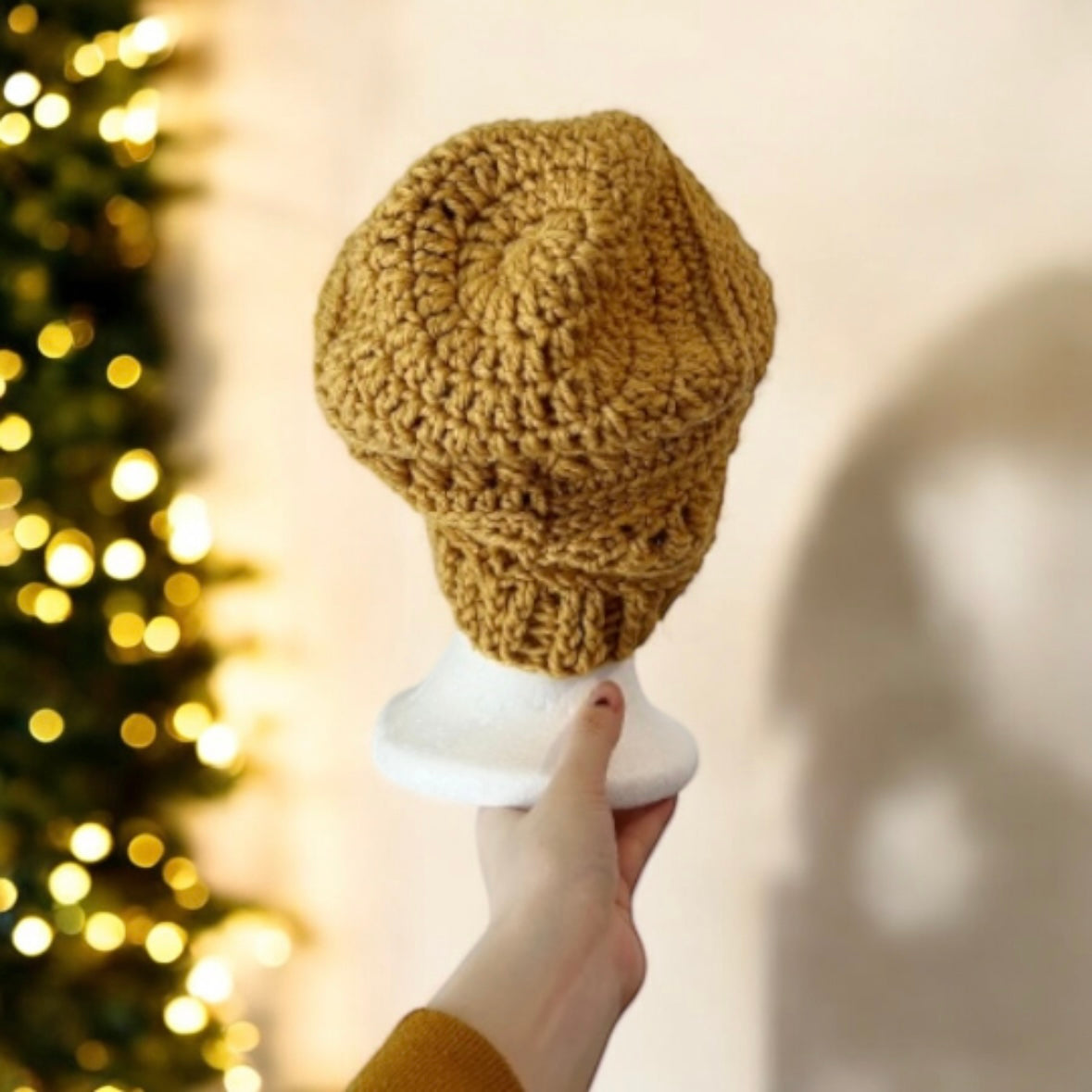 Mustard yellow crochet Slouchy Beanie | Bobbles Beret | Slouchy Hat in mustard | Knit beanie in natural colour | cozy winter beret hat - TuttyKnitty