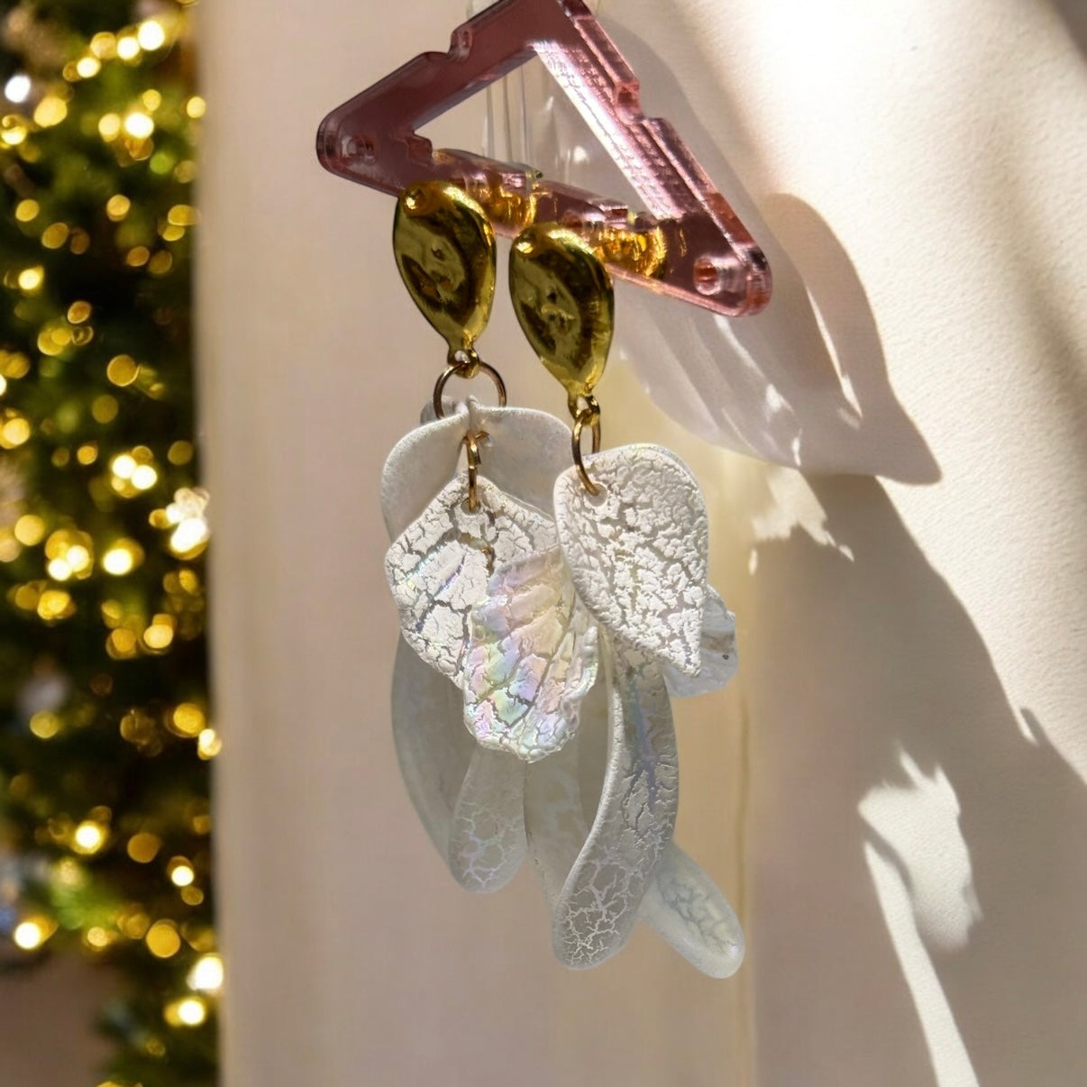 White - Gold and white frosted flower earrings earrings | baroque pearlescent shell petals earrings | spring floral earrings | bridal party wedding