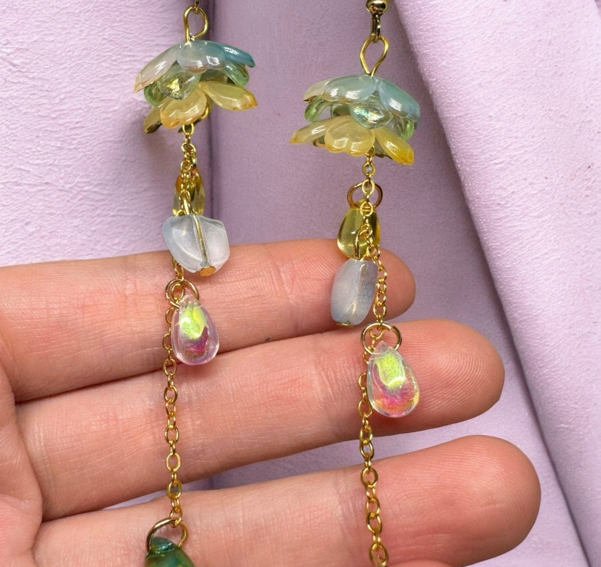 Whimsical - Blue pastel yellow flower earrings | pink raindrop dangle earrings
