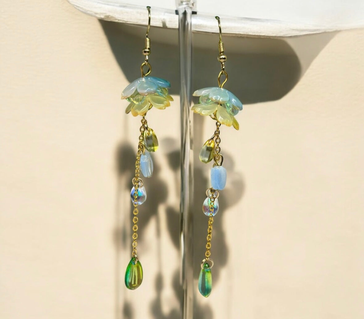 Whimsical - Blue pastel yellow flower earrings | pink raindrop dangle earrings