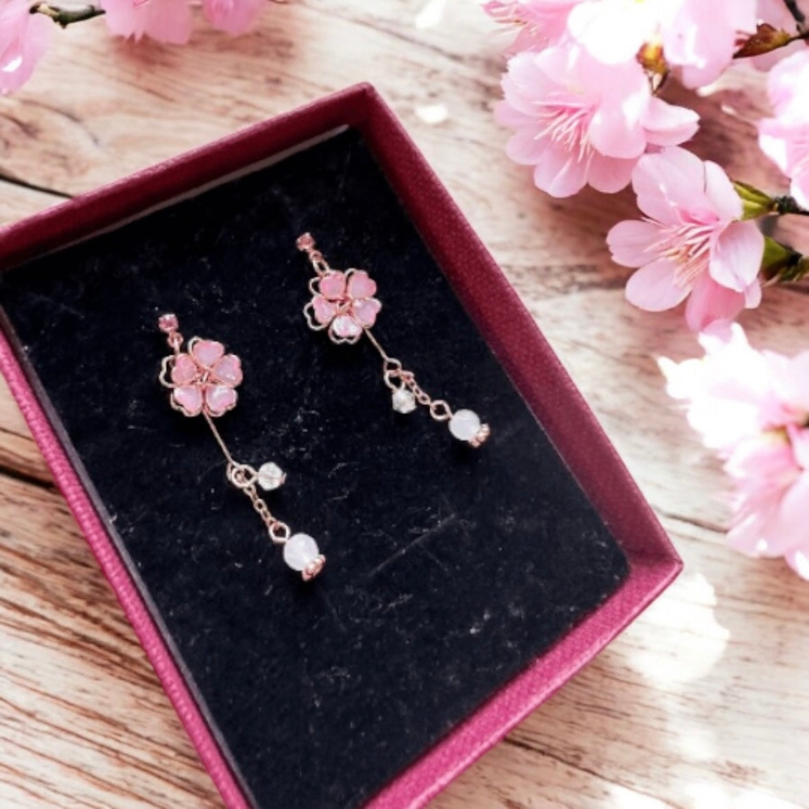 Minimalist - pink sakura earrings |Kawaii cute fun chain earrings | korean art colourful dangle earrings | buttefly flower crystal clear beads