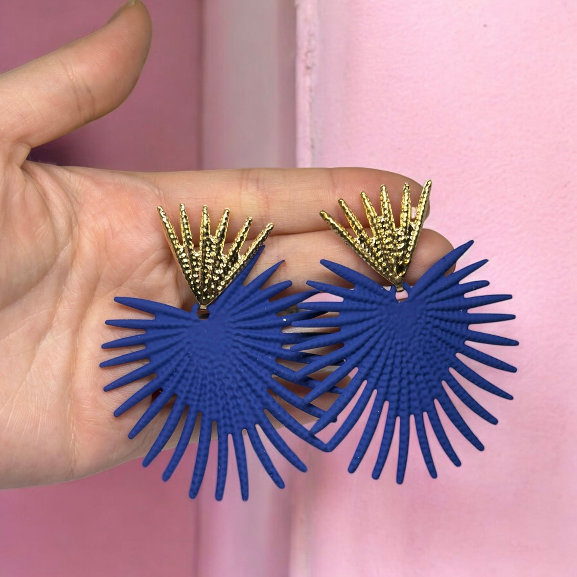 Geometric - Blue Starburst Flower petal spiky leaf Gold statement earrings | dangly drop earrings | oversize floral earrings | lightweight party earrings