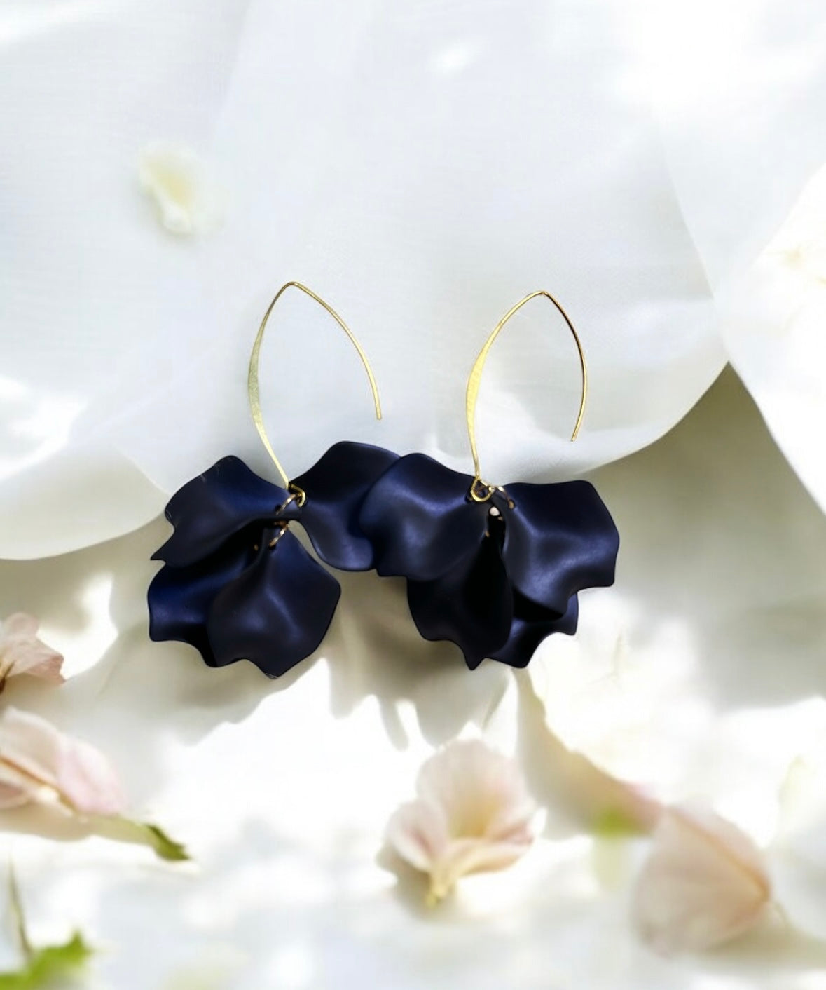 Blue - Navy blue flowers earrings dangly earrings | frosted petals hoop statement earrings | golden disc geometric floral earrings