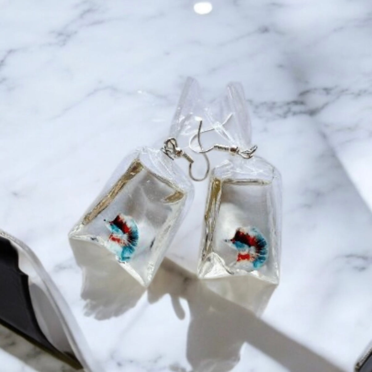 Y2K - Aquarium fish in bag | a bag of Colourful fish dangle earrings | oriental style minimalist earrings |quirky earring | korean style kawaii