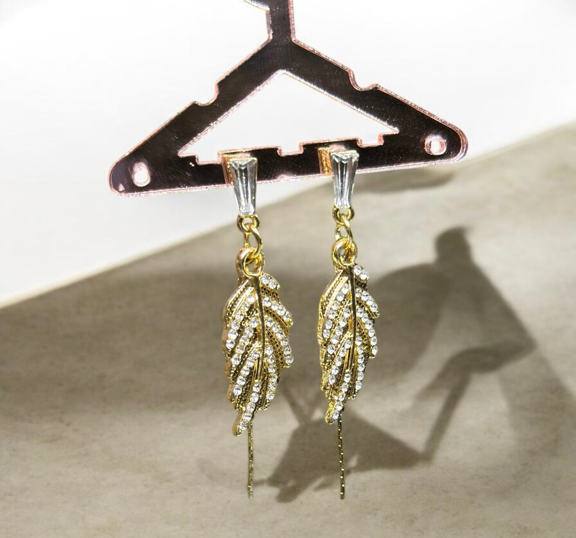 Floral - Golden leaf earrings with glitter rhinestones | gold chain earrings | elegant statement earrings | bridal party earrings