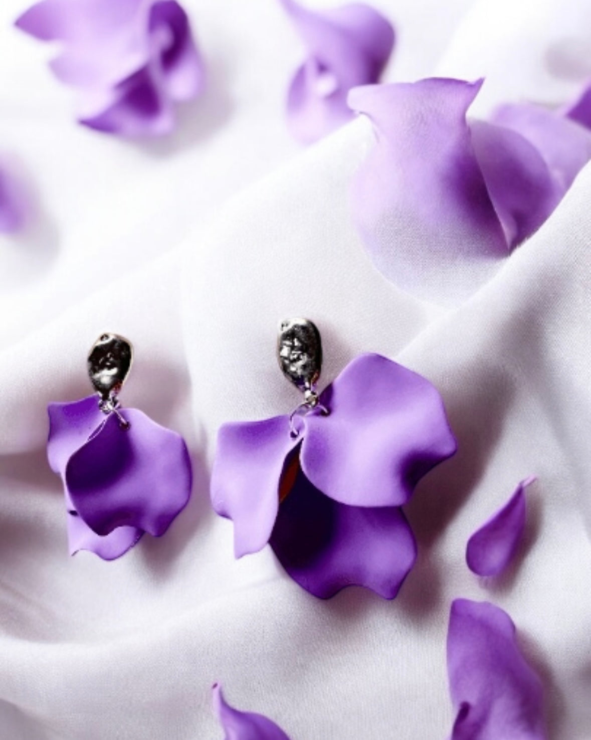 Purple - Sweet purple flower earrings | dangle petals baroque earrings | unique silver with pearl floral earrings | bridal party wedding earrings - TuttyKnitty