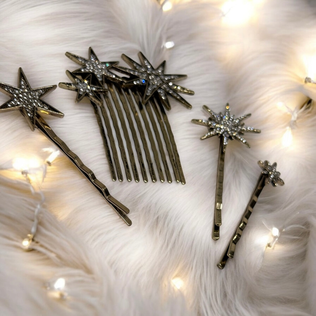 4 pack gold plated glitter stars hair clips and comb with rhinestones | korean hair accessories | vintage celestial hair slides