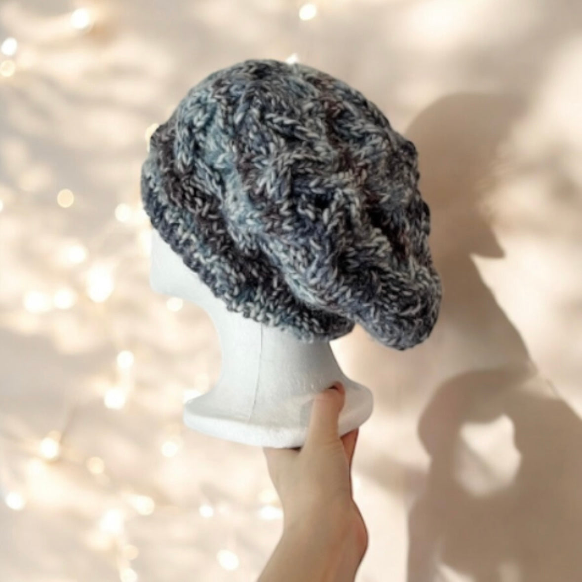 Hand knit Cable Slouchy Beanie | Knit Beret |Slouchy Hat in marshmallow frosty blueberries| Knit beanie Fluffy navy grey chunky winter hat