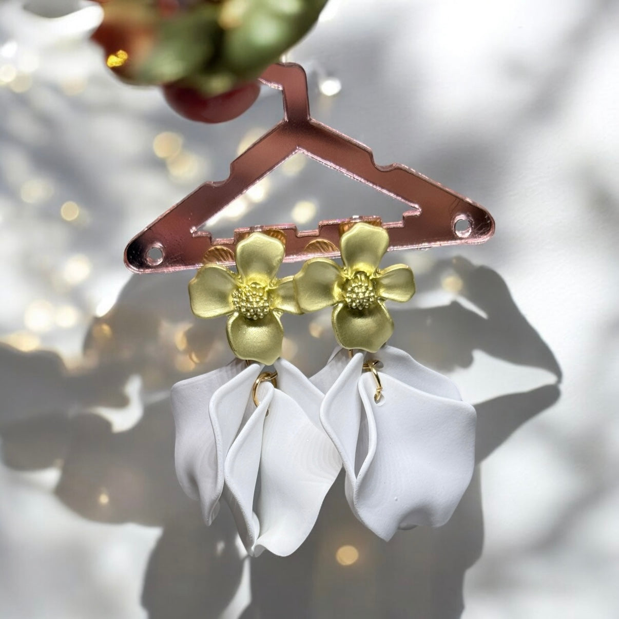 White - flower earrings | dangle petals baroque earrings | unique golden floral earrings | bridal party wedding earrings - TuttyKnitty