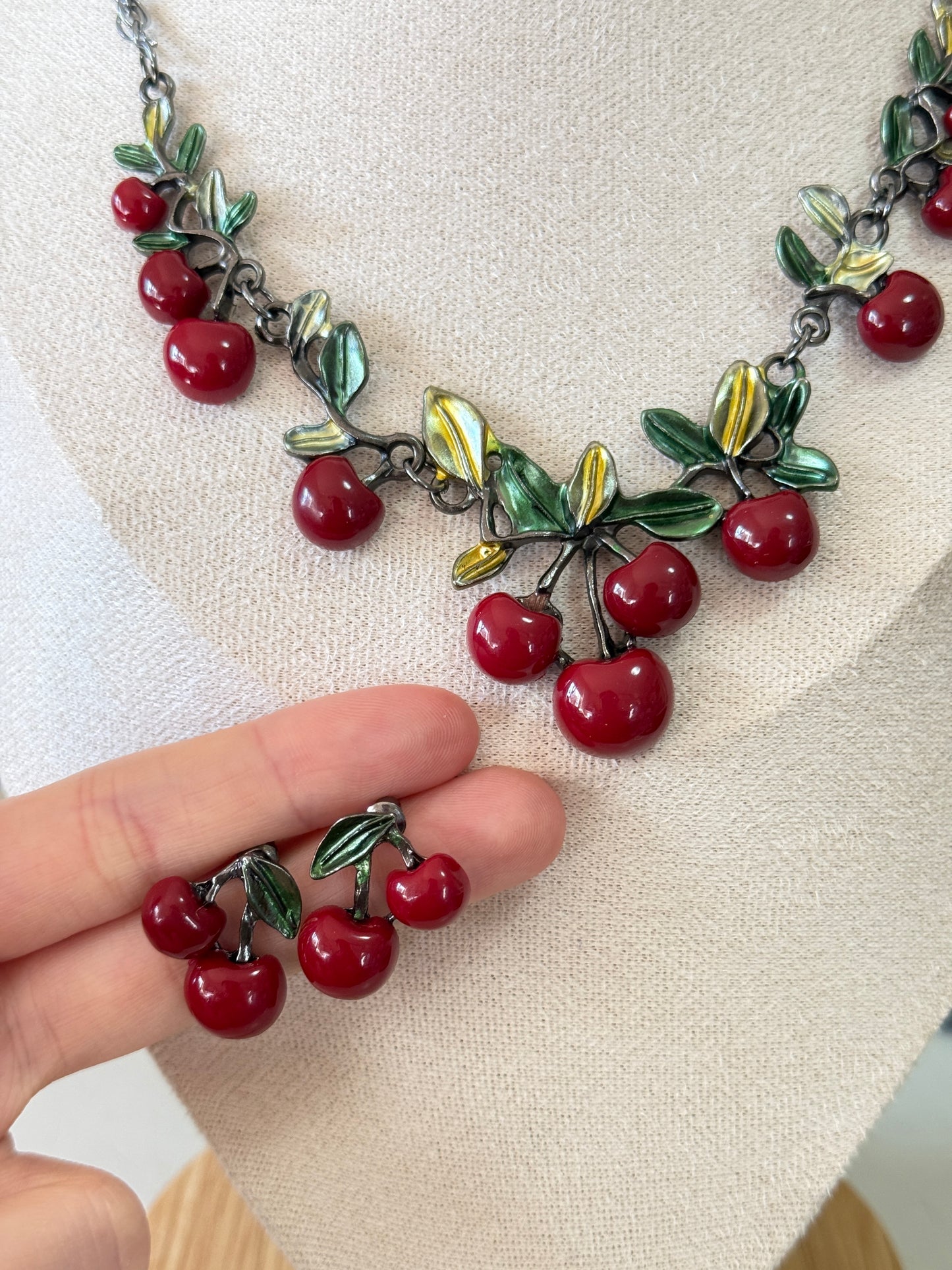 Cherry necklace and earring set with a touch of whimsy | green and red hues | cottagecore | fairycore