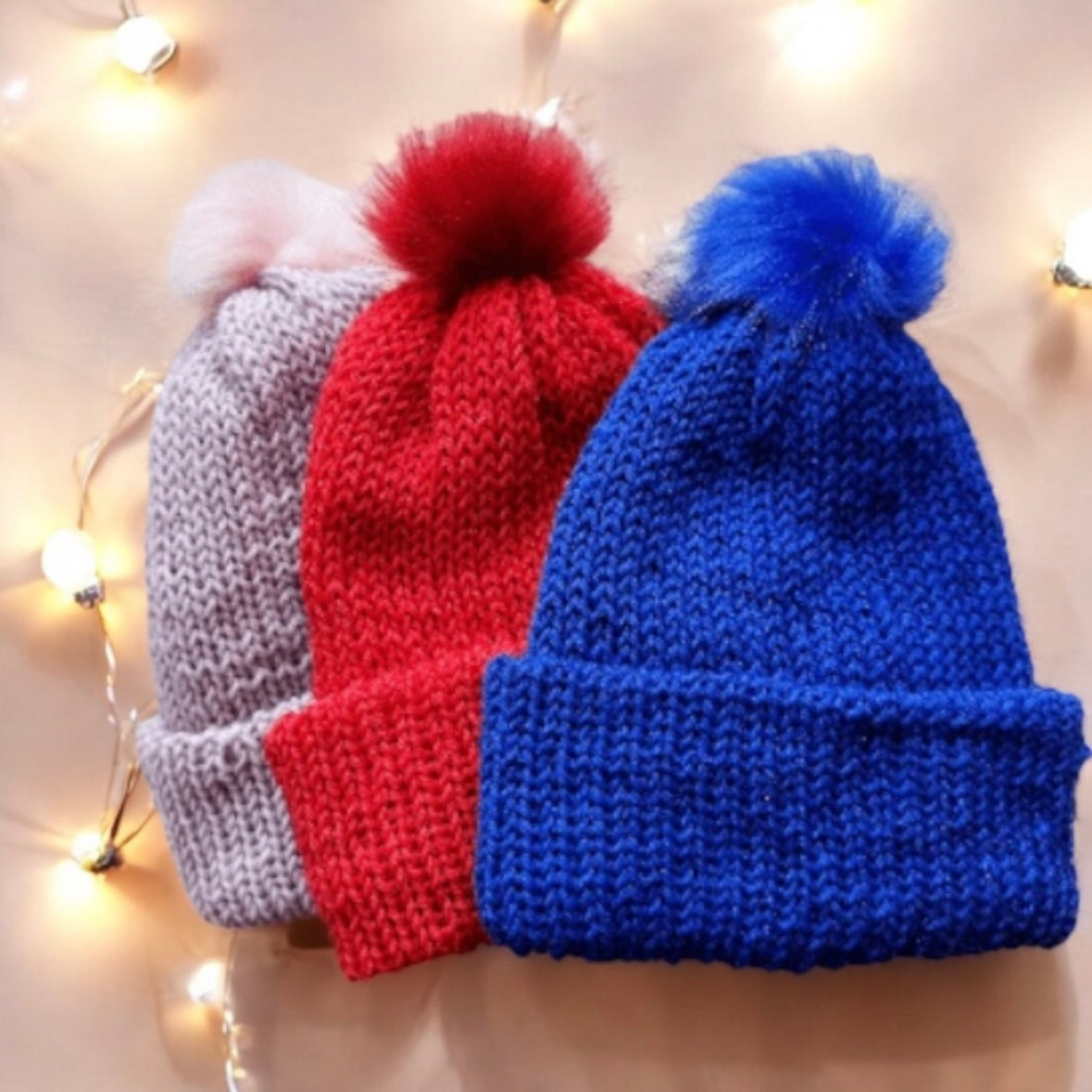 Handmade Double layered Knit beanie with faux fur pompom | Fur Pom Pom hat | Winter hand Knit Hat | Australian wool royal blue hat