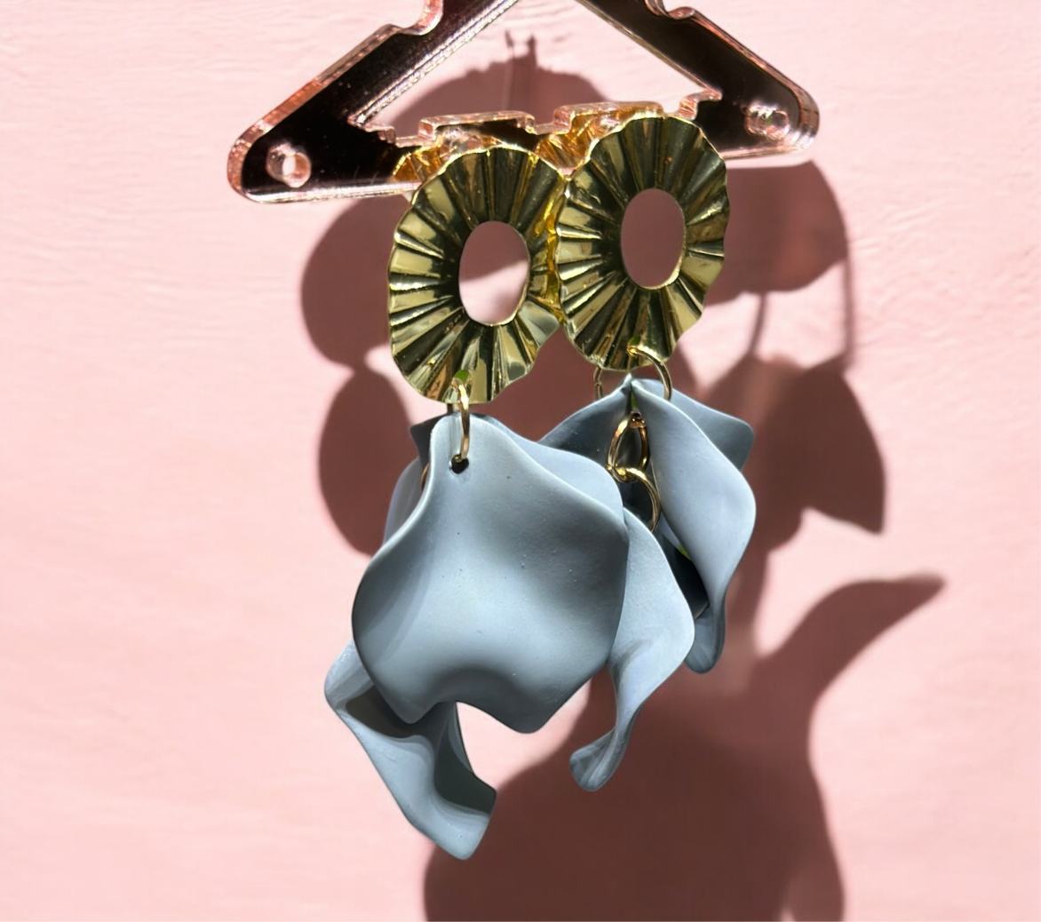 Grey - flower earrings | unique golden disc floral earrings | bridal party wedding earrings